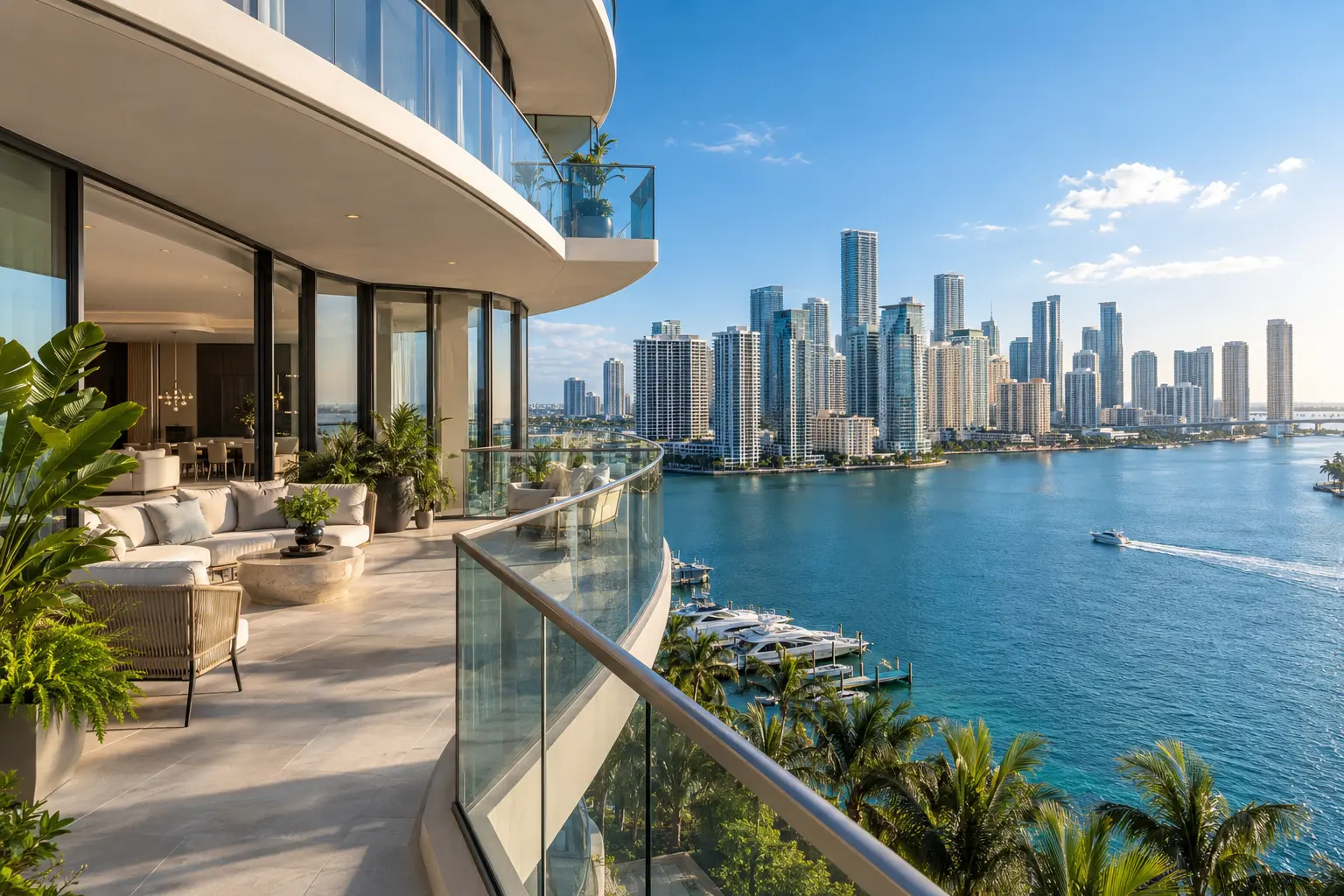 Contemporary luxury waterfront residence overlooking Biscayne Bay and the Brickell skyline